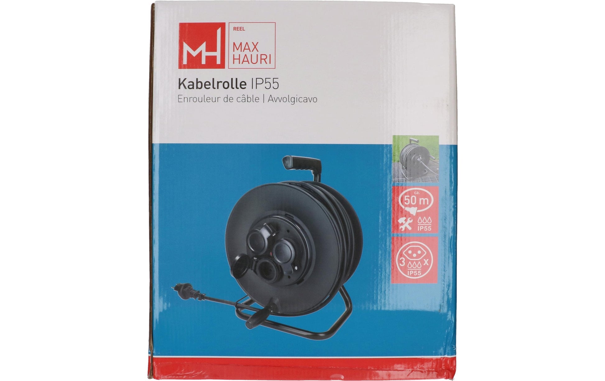 Max Hauri AG Max Hauri Kabelrolle, 50 m, 3×T13, IP44, Thermoschutz, Drehkontakt – Schwarz