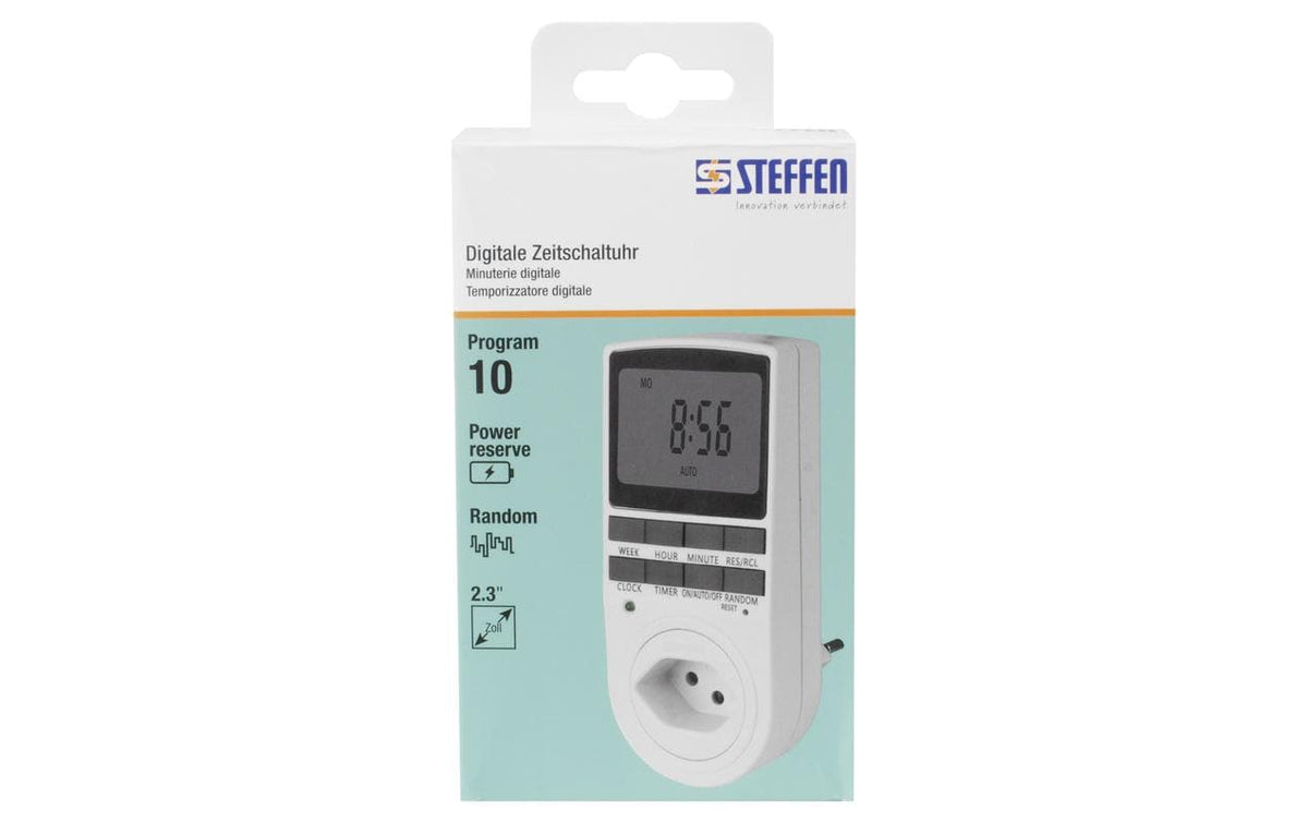 Steffen Digitale Zeitschaltuhr (DIN-Schiene) – 10 Programme, grosses Display, IP20, Steckdose – Weiss