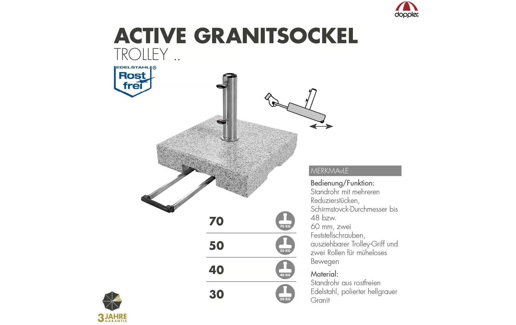 Doppler ACTIVE Trolley Granitsockel – 56 × 56 × 39 cm, Ø 6 cm, 70 kg, Edelstahl, Hellgrau
