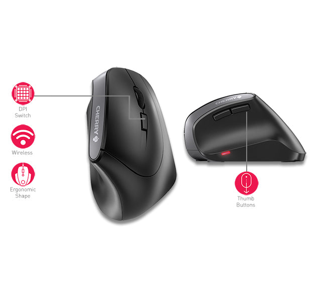 CHERRY MW 4500 Ergonomische Maus – kabellos, 6 Tasten, für Rechtshänder, vertikal, umschaltbare DPI, schwarz