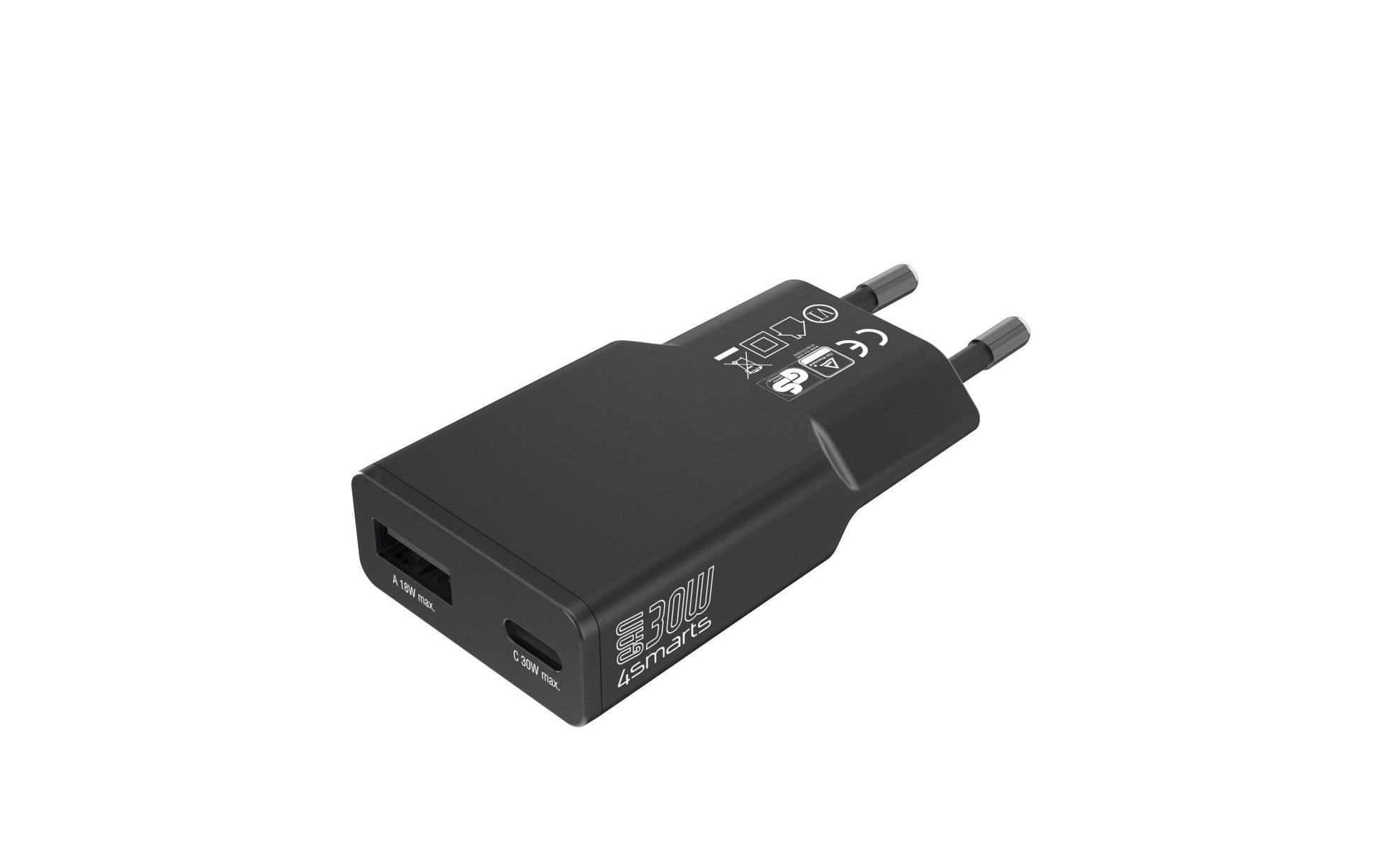 4smarts PDPlug Slim Duos USB-Ladegerät 30 W – USB-C×1, USB-A×1 – PD, GaN – Schwarz