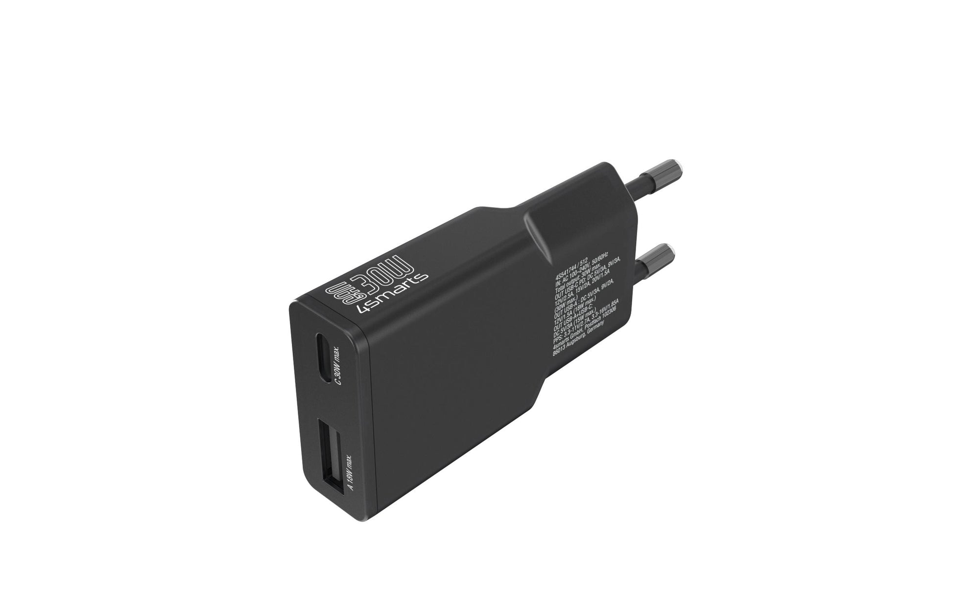 4smarts PDPlug Slim Duos USB-Ladegerät 30 W – USB-C×1, USB-A×1 – PD, GaN – Schwarz