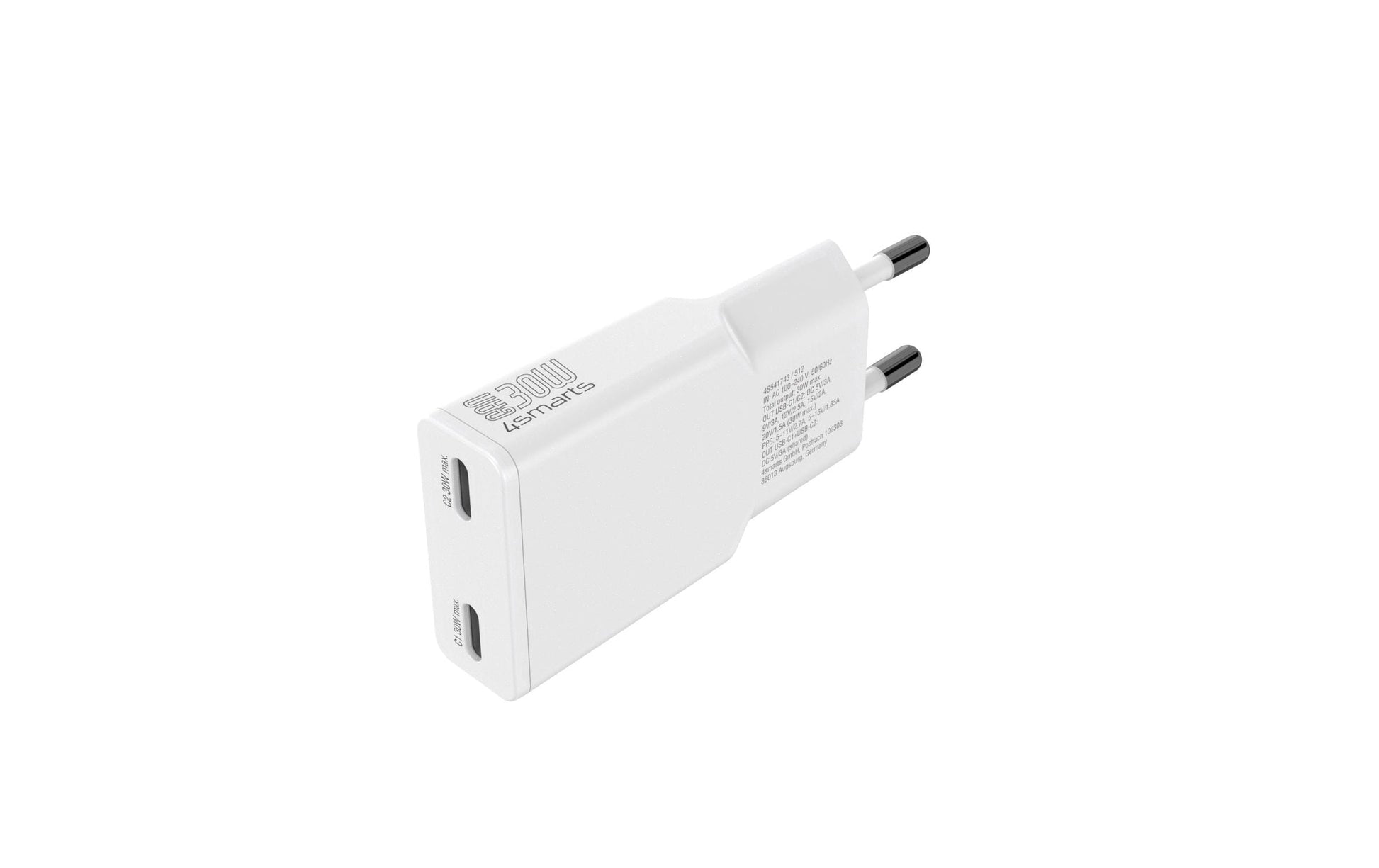 4SMARTS PDPlug Slim Dual USB-Ladegerät 30 W – USB-C×2 – PD, GaN – für Smartphone, Tablet – Weiss