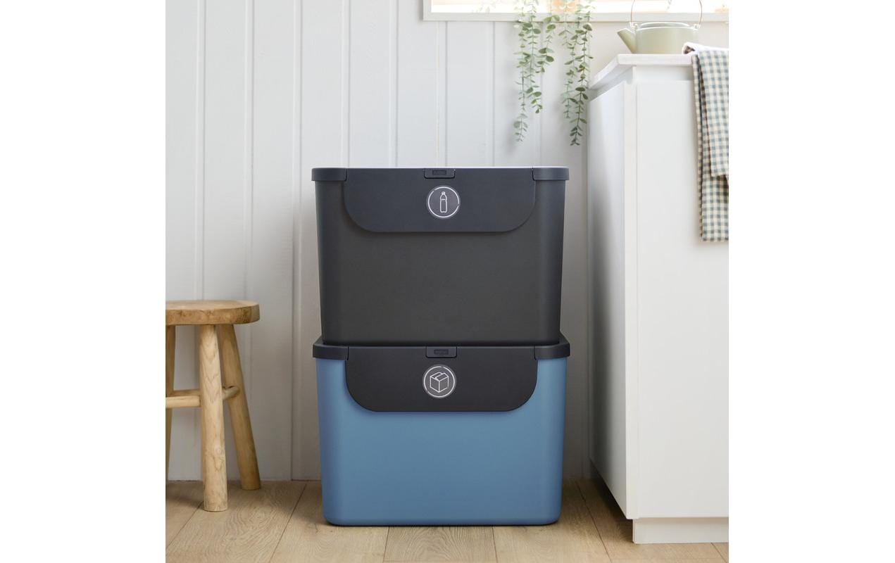 Rotho Recyclingbehälter Albula – 110 l – Recycling-Kunststoff, rechteckig – Anthrazit/Blau – 2-teilig, BPA-frei