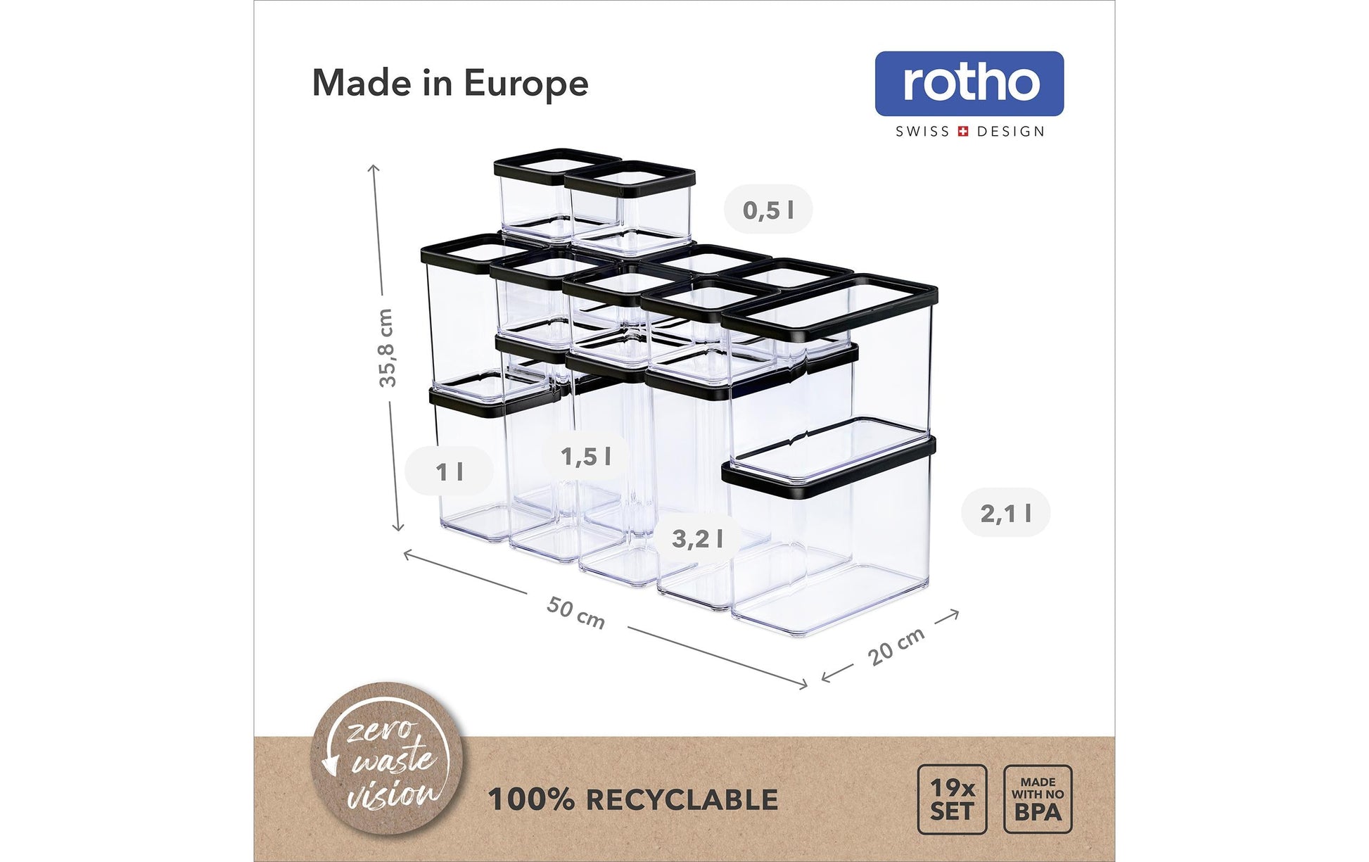 Rotho LOFT – Vorratsdose 21 l, 19-teilig, Kunststoff (SAN), transparent/schwarz