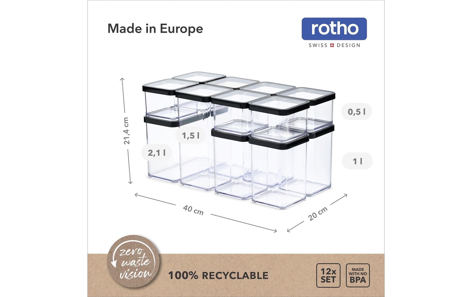 Rotho Vorratsdose 12 l, 6 × 6 × 2 cm, Kunststoff (Styrol-Acrylnitril-Copolymer, SAN), Transparent/Schwarz, 1