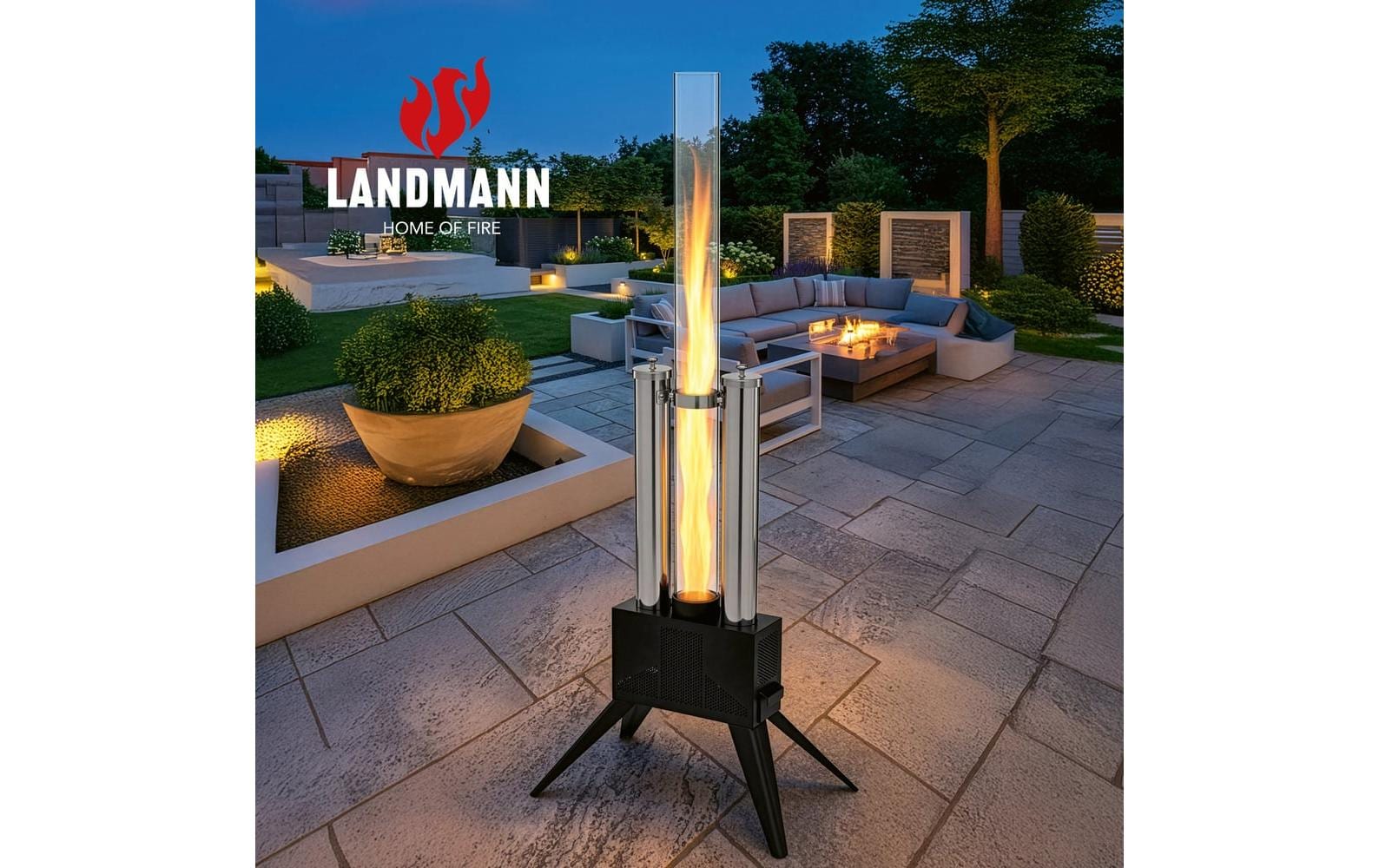 Landmann Stehleuchte Aussen Pellet-Fackel – 135 cm – Schwarz – Borosilikatglas, Edelstahl, Stahl