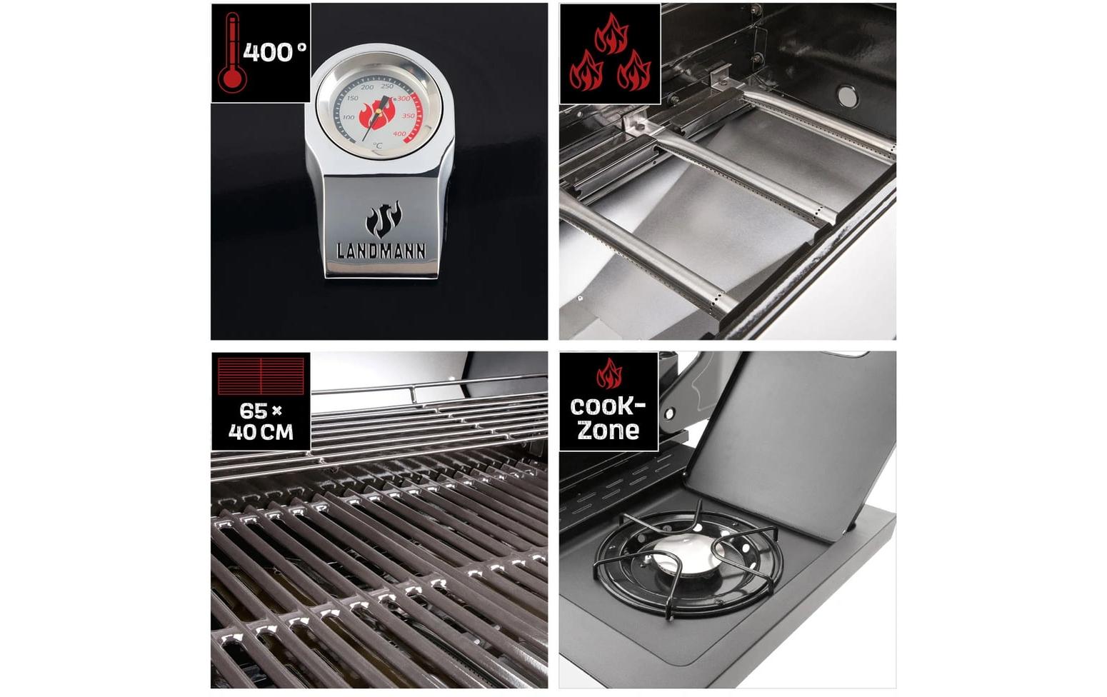 Landmann Gasgrill Rexon 3.1 – 3 Brenner, 2560 cm² Grillfläche, Thermometer & Fahr-Rollen – Schwarz/Edelstahl