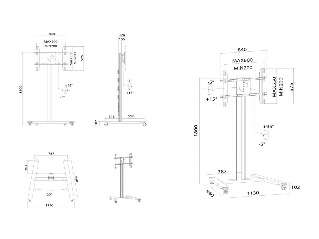 Multibrackets TV-Wagen – 55–80" – VESA 800×500 – bis 60 kg, Höhenverstellbar, mit Rollen – 5327
