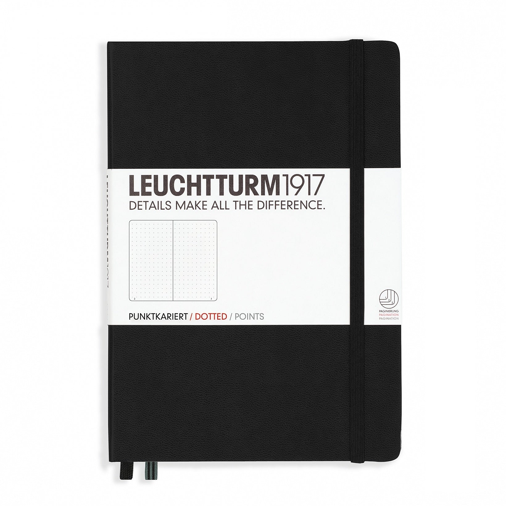 Leuchtturm Notizbuch – A5 – punktiert 5 mm – 249 Seiten – 80 g/m² – Hardcover, 2 Lesezeichen, schwarz