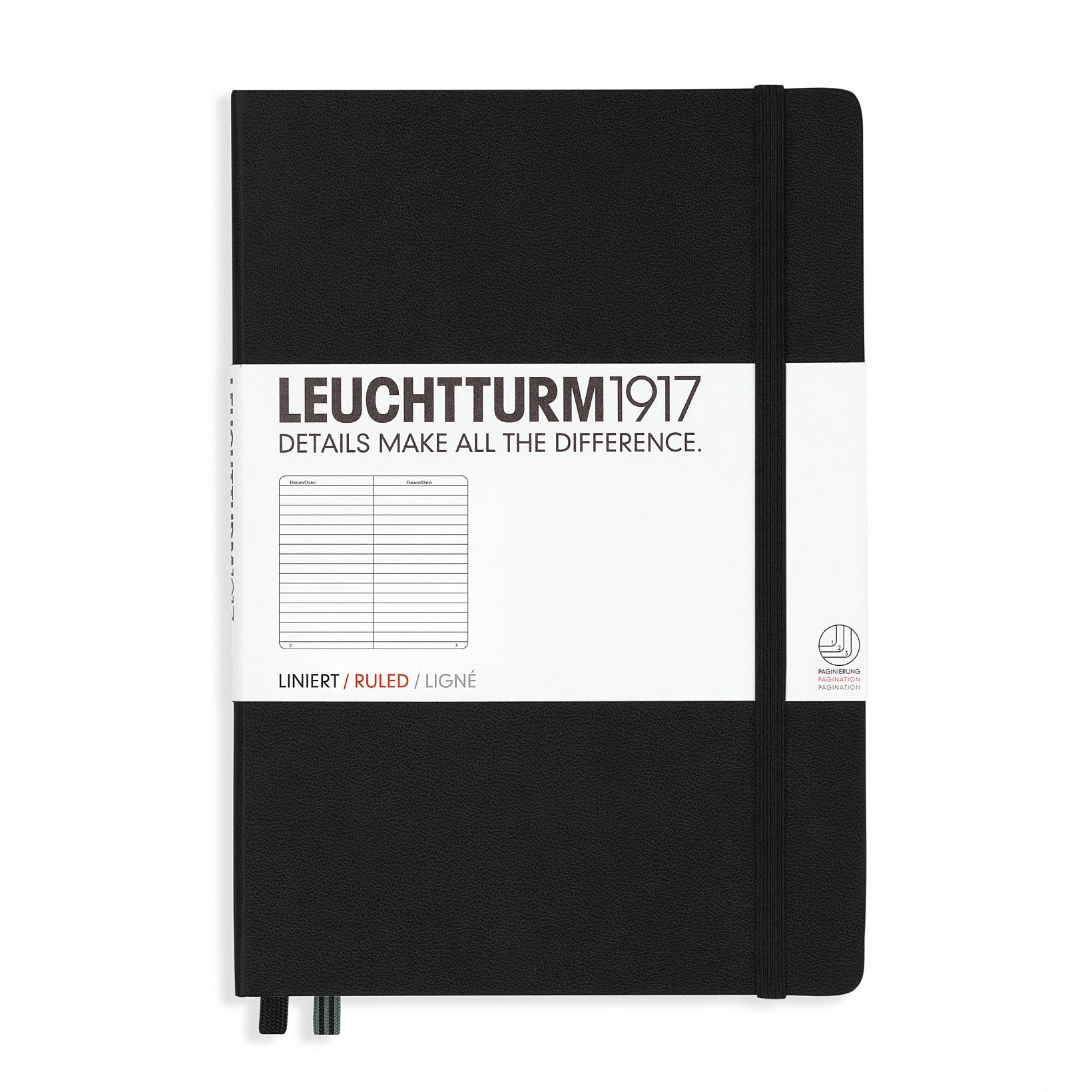Leuchtturm Notizbuch – A5 – liniert 5 mm – 249 Seiten – 80 g/m² – Hardcover, 2 Lesezeichen, schwarz