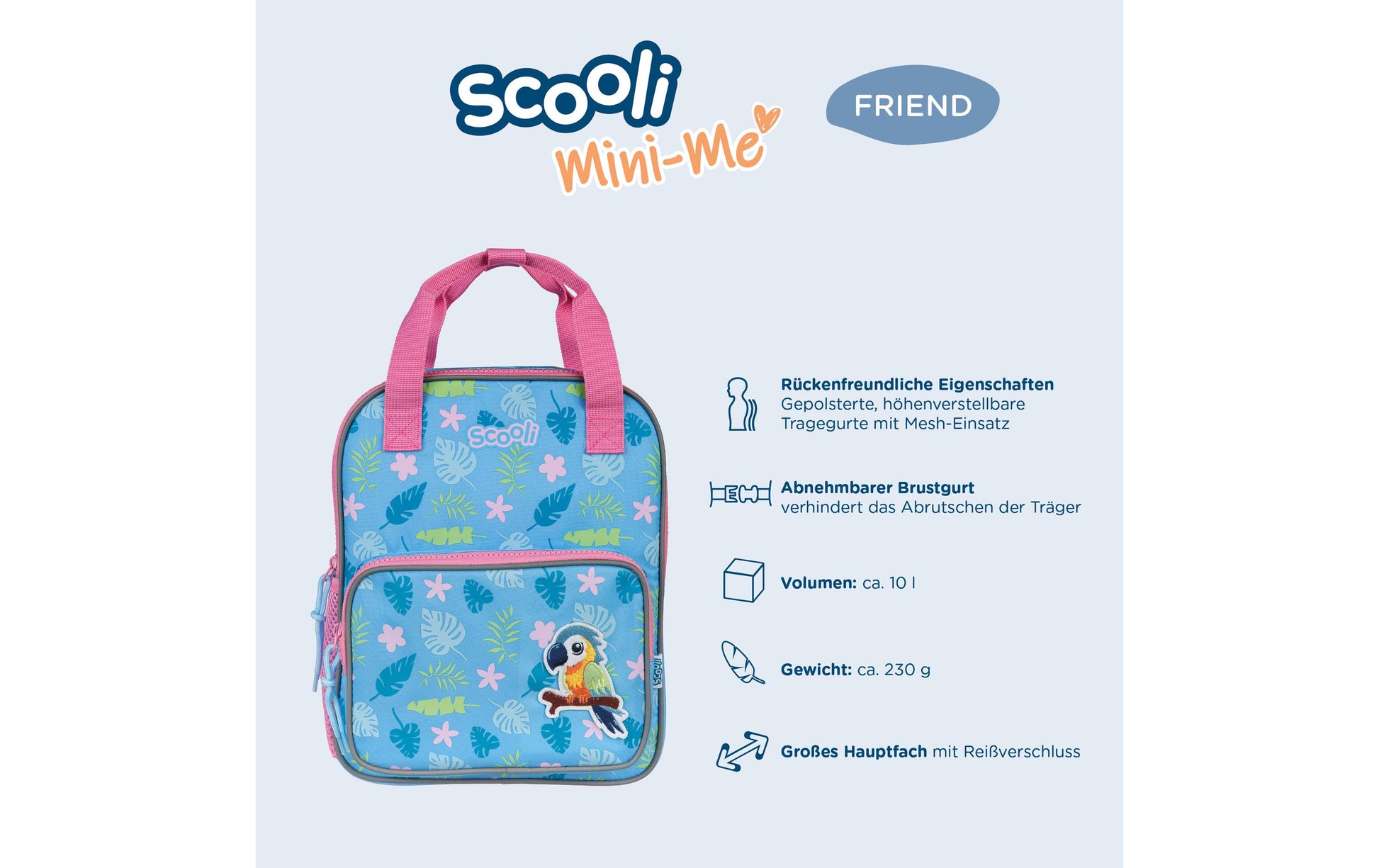 Scooli Kindergartenrucksack Mini-Me – 10 l, mit Brustgurt und Rückenpolster – Paula Papagei