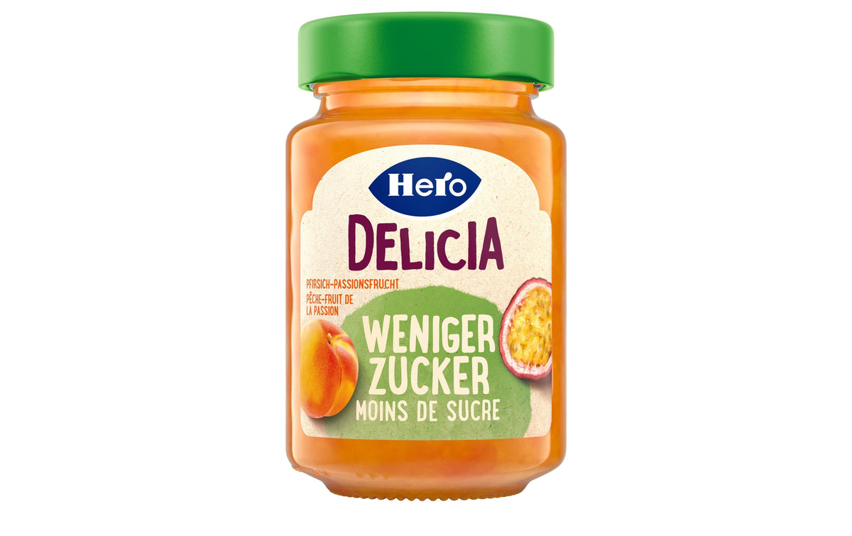 Hero Konfitüre Pfirsich-Passionsfrucht, Weniger Zucker – vegan – 270 g
