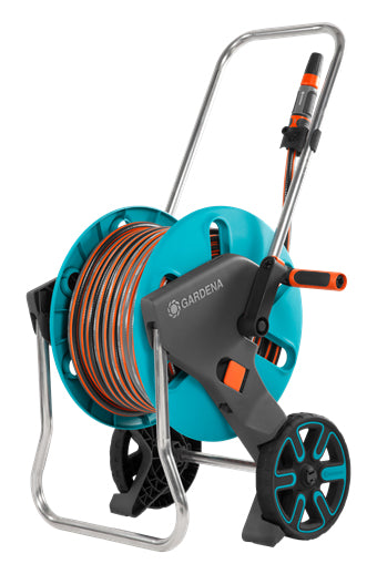 Gardena Schlauchwagen 25 m – mit Schlauch, manuell, mit 2 Rädern, mit Rollenbremse, schwarz/türkis