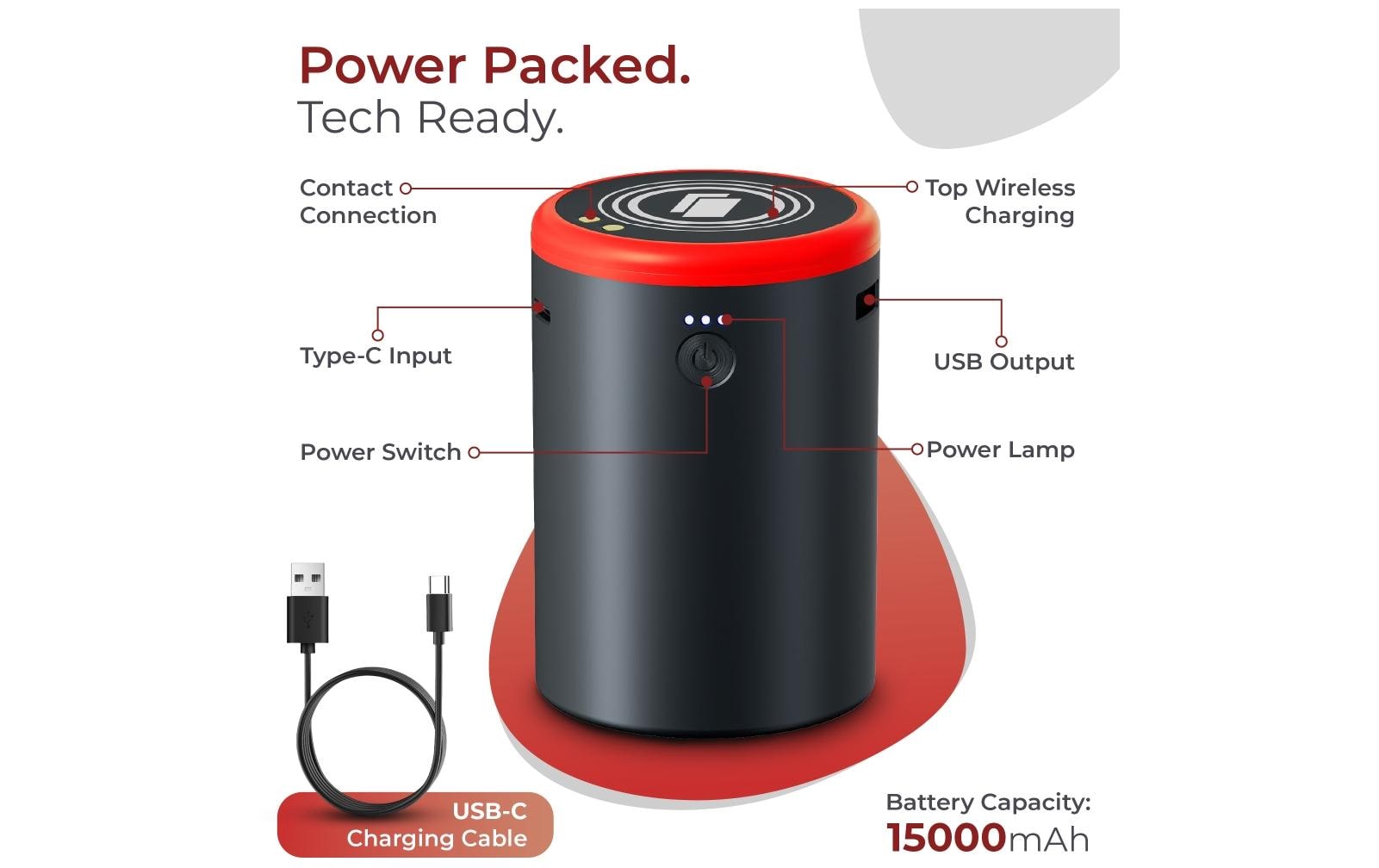 Caliber CPS-PB150 Powerbank 15'000 mAh – 1× USB-C, 1× USB-A, schwarz