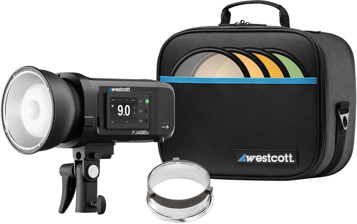 Westcott FJ400 II Akkublitz – 400 Ws, Leitzahl 40, 74 Wh Akku (2500 mAh) – 2400 g, 235 × 170 × 112 mm