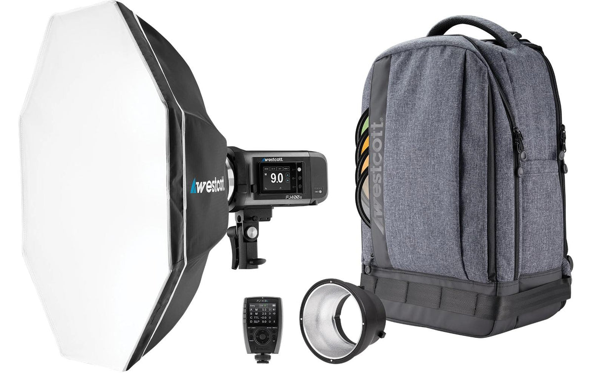 Westcott FJ400 II 1-Licht Rucksack-Kit – Leitzahl 40, 74 Wh Akku (6800 mAh), TTL/Manuell – für Sony