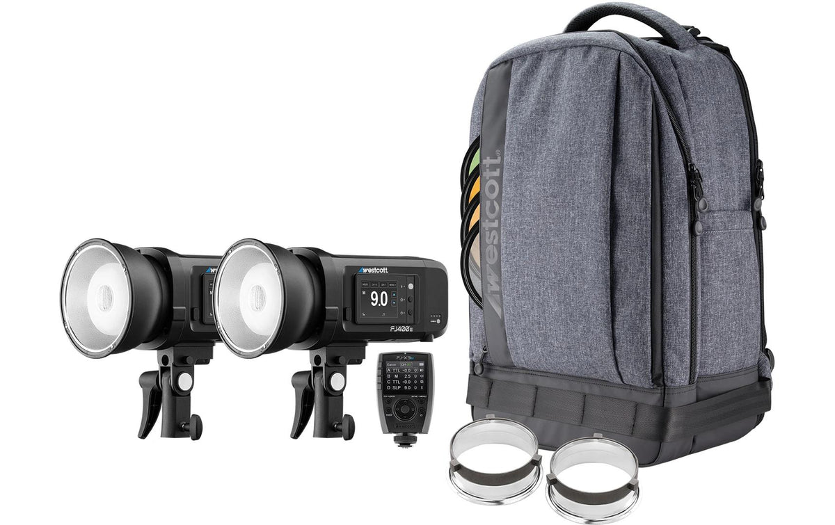 Westcott FJ400 II 2-Licht Rucksack Set – Leitzahl 40, Manuell/TTL, 74 Wh Akku – für Universal