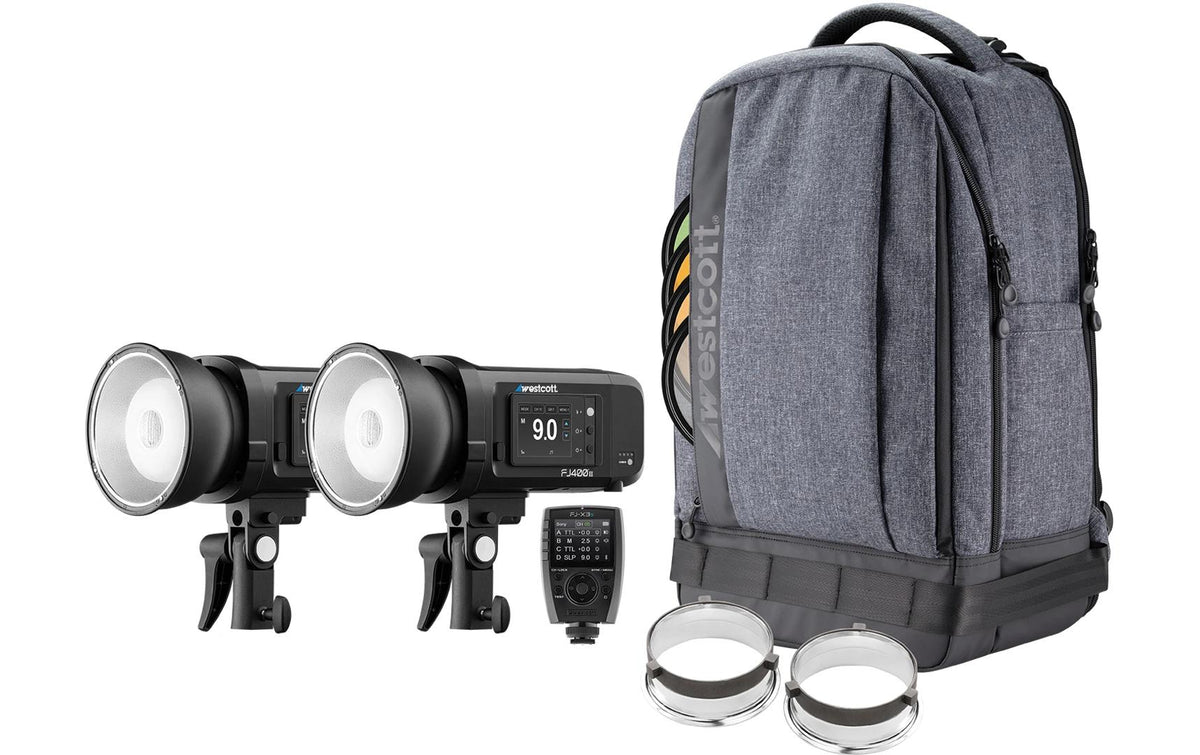 Westcott FJ400 II 2-Licht Kit – Leitzahl 40, 74 Wh Akku (2500 mAh, 29,6 V), Manuell/TTL – für Sony