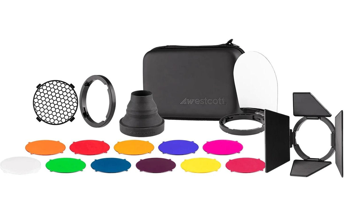 Westcott FJ80 Blitzvorsatz-Set – Barndoors, 30° Gitter, Snoot, Diffusorlinse, 10er-Pack Gels – für Westcott