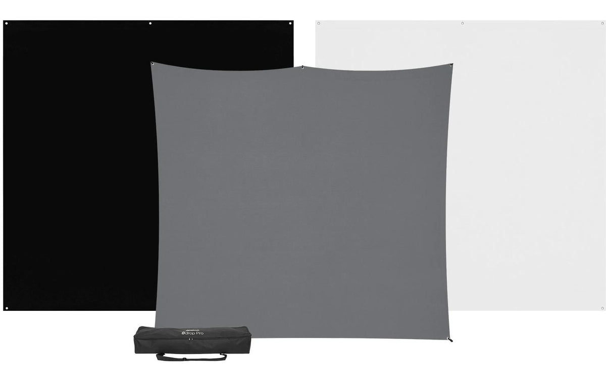 Westcott X-Drop Pro Hintergrund-Set – 2438 × 2527 mm, Polyester – Schwarz/Grau/Weiss