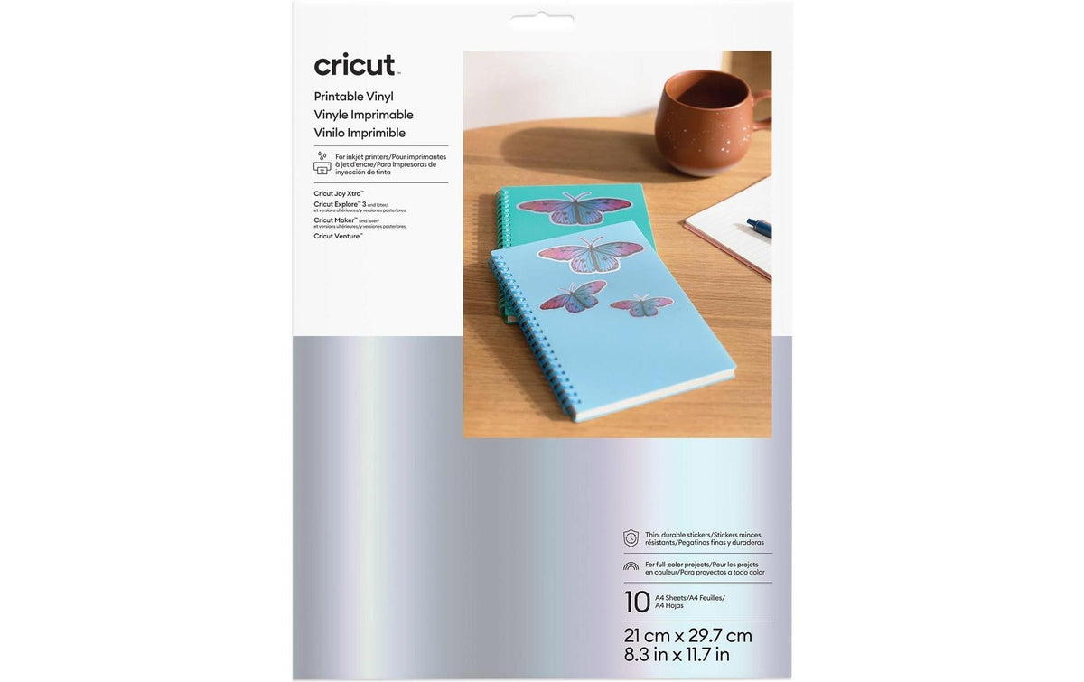 Cricut Bedruckbare Silber Vinylfolie – Selbstklebend, A4, Inkjet, 10 Stück