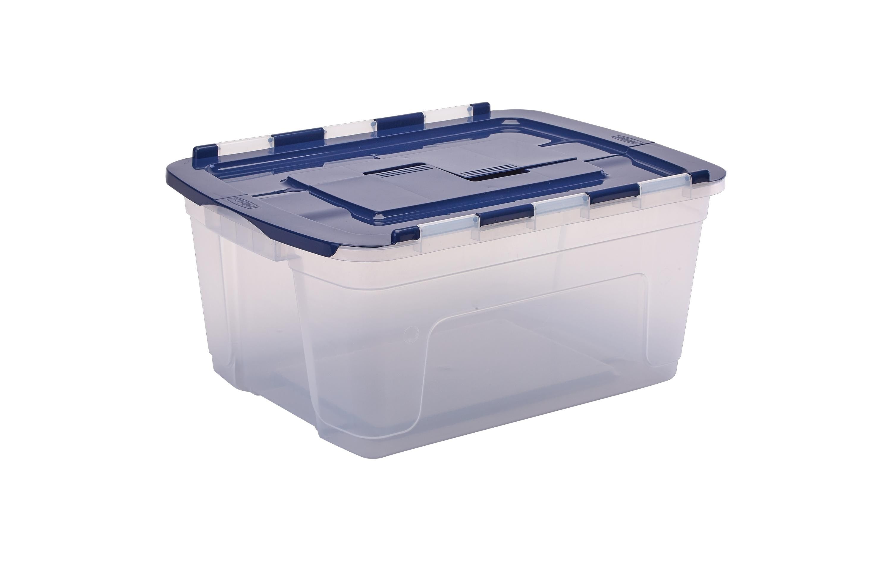 Fellowes ProStore Aufbewahrungsbox 45 L – mit Deckel, transparent/blau, PP, B 590 × H 280 × T 430 mm