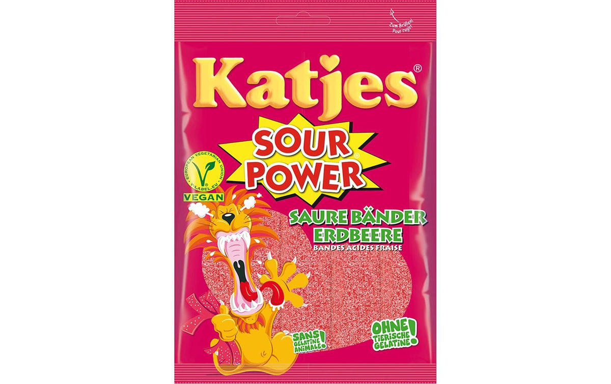 Katjes Sour Power Bänder Gummibonbons – Erdbeer, Vegan – 200 g
