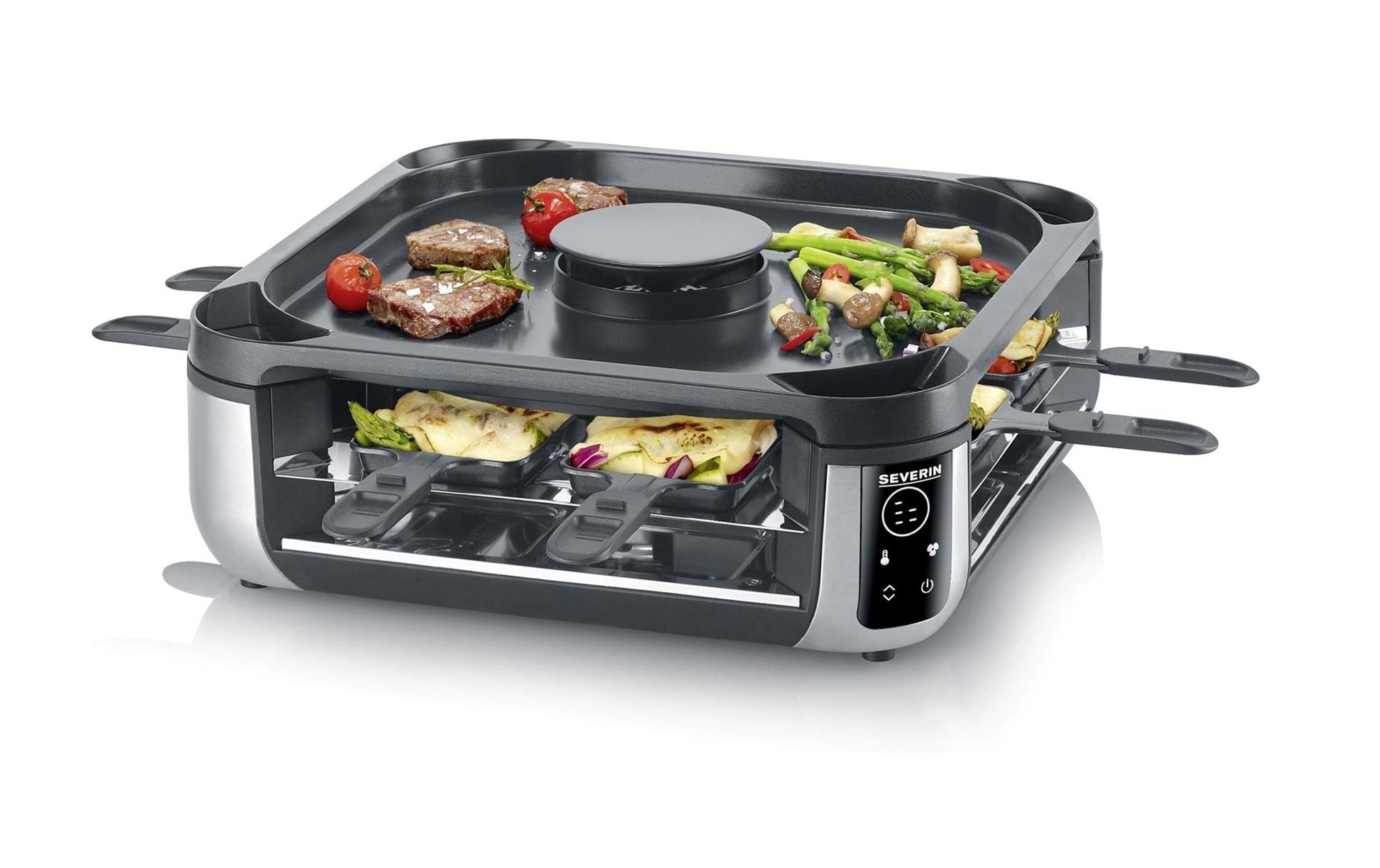 Severin Raclette RG 2379 Smokeless Set – 8 Personen, Keramikbeschichtete Grillplatte, 1'900 W – Schwarz/Silber