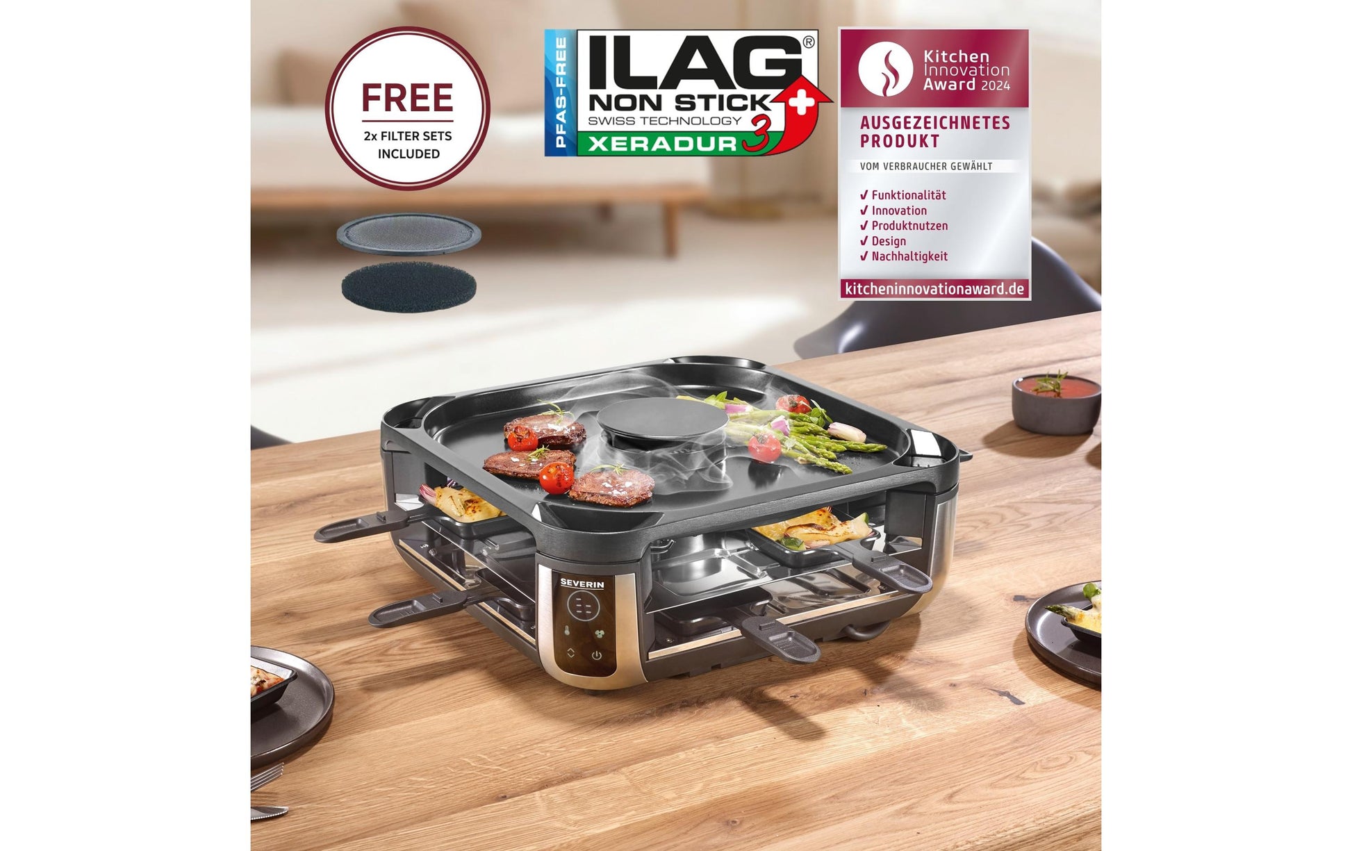 Severin Raclette RG 2379 Smokeless Set – 8 Personen, Keramikbeschichtete Grillplatte, 1'900 W – Schwarz/Silber