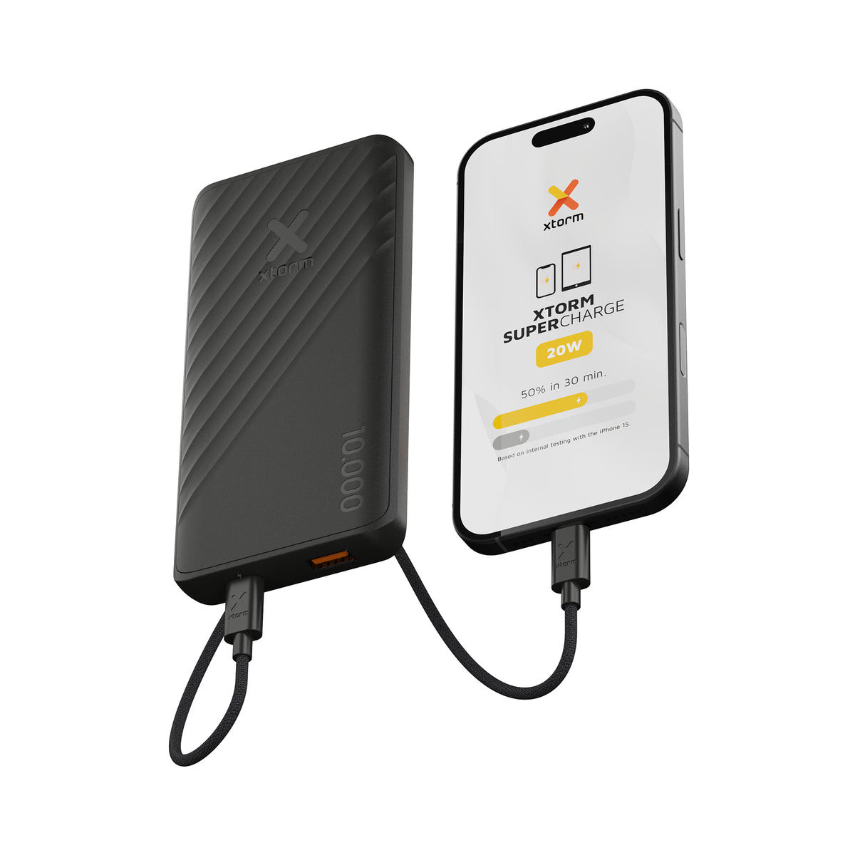 Xtorm Go2 Powerbank 10'000 mAh – 20 W PD, 1× USB-C, 1× USB-A, schwarz, für Samsung, iPhone
