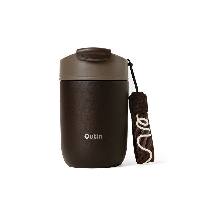 Outin Travel Tumbler Thermobecher 350 ml – doppelwandig 6 h heiss/12 h kalt, Edelstahl, Dunkelbraun