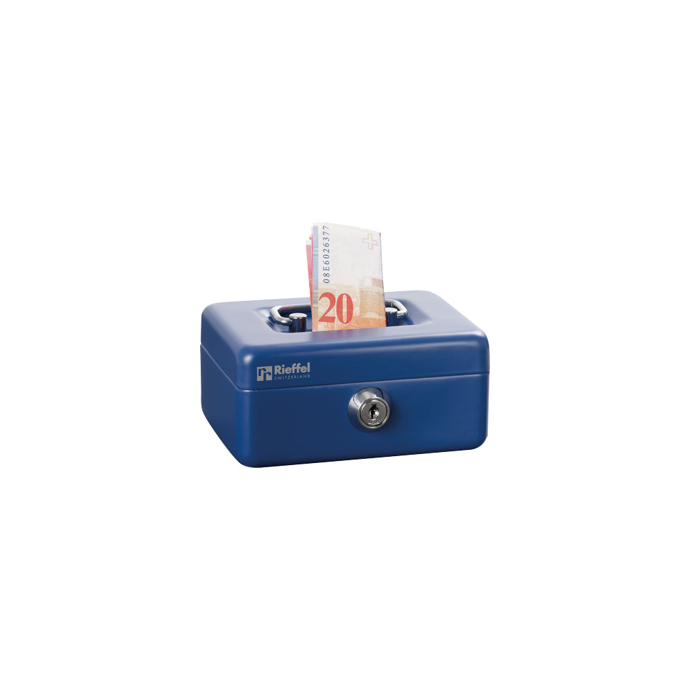 Rieffel Geldkassette – mit Schlüssel – 12,5 × 9,5 × 6 cm – Blau – Stahl