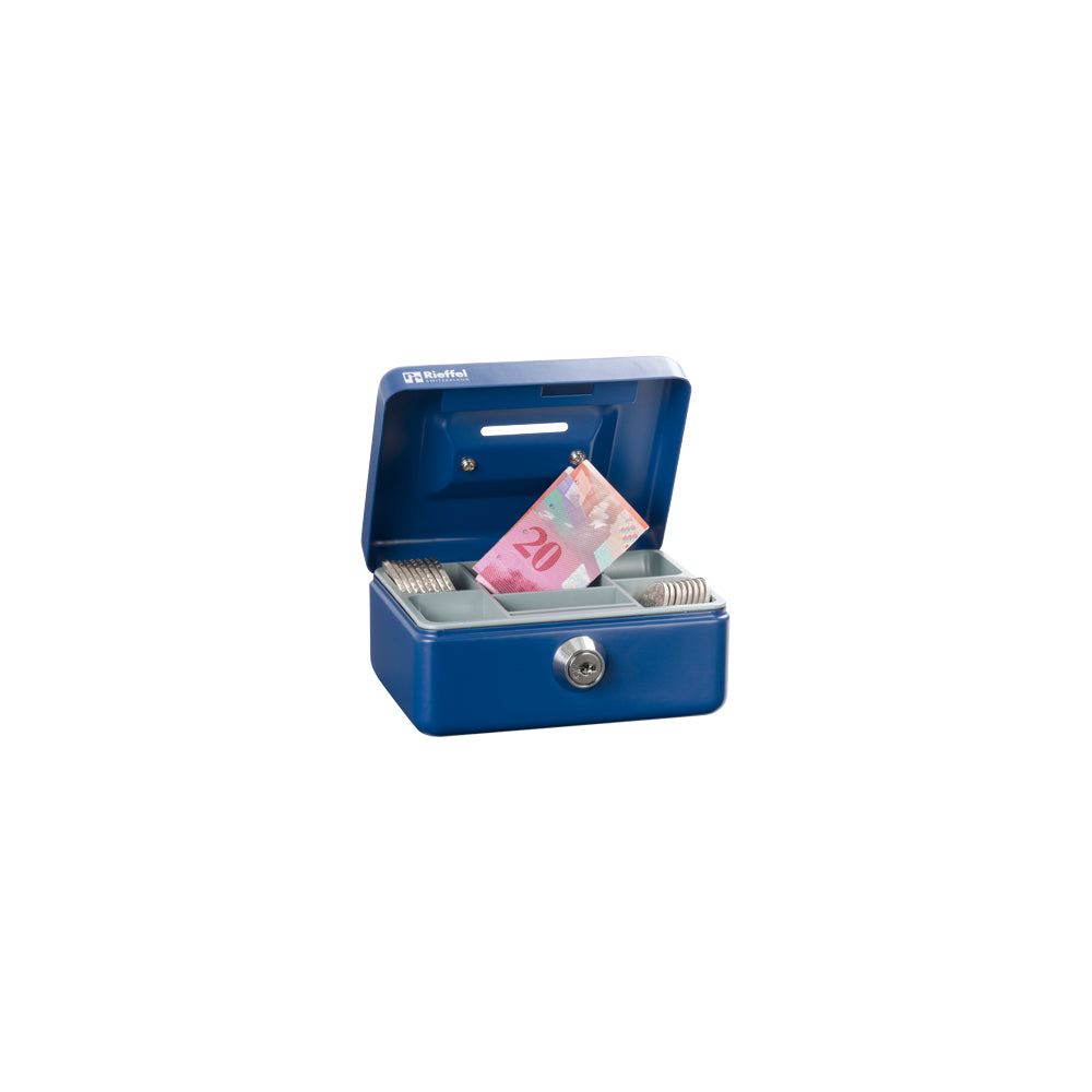 Rieffel Geldkassette – mit Schlüssel – 12,5 × 9,5 × 6 cm – Blau – Stahl