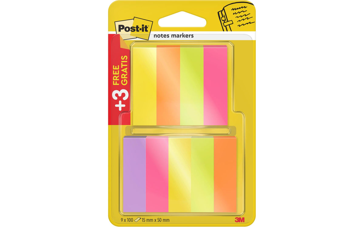 3M Post-it Markierstreifen/Index – 15 × 50 mm – sortiert, 9er-Pack, 100 Blatt