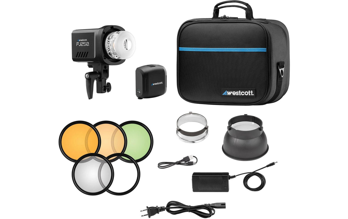 Westcott FJ250 Akkublitz – Leitzahl 56, 2500 mAh/74 Wh, Manuell, TTL – Akkubetrieb/Netzbetrieb – für Universal
