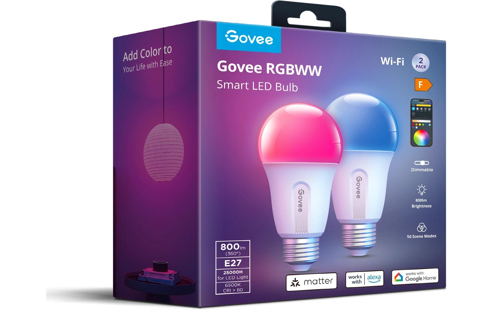 Govee Smart-Leuchtmittel E27 – RGBW, 2700–6500 K, 800 lm, Matter – für Amazon Alexa, Google Home – 2 Stk.