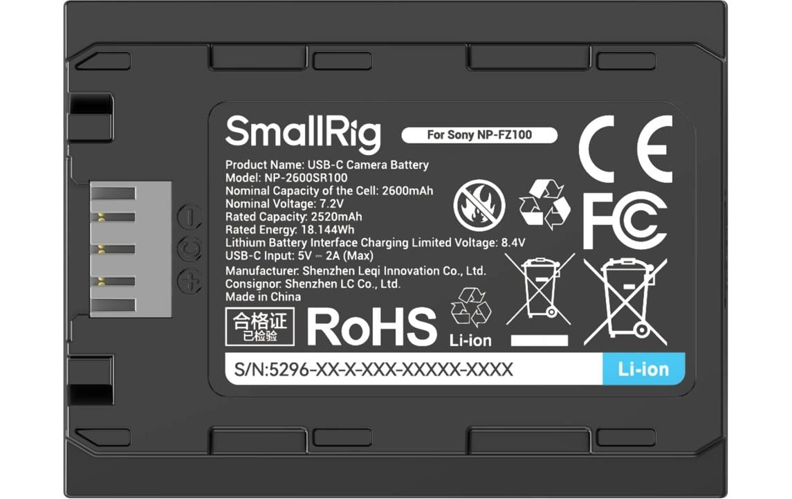 SmallRig NP-FZ100 Akku 2520 mAh (7,2 V, 18,1 Wh) – USB-C – für Sony