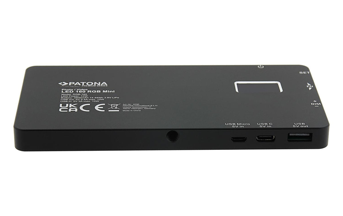 Patona Prem LED Foto- und Videolicht 160 – RGB, 2500–8500 K, dimmbar, 1450 Lux – Lithium-Polymer, Schwarz