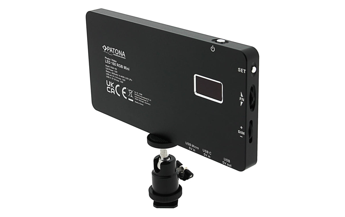 Patona Prem LED Foto- und Videolicht 160 – RGB, 2500–8500 K, dimmbar, 1450 Lux – Lithium-Polymer, Schwarz