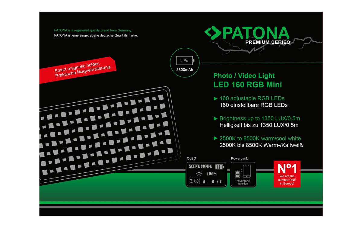 Patona Prem LED Foto- und Videolicht 160 – RGB, 2500–8500 K, dimmbar, 1450 Lux – Lithium-Polymer, Schwarz