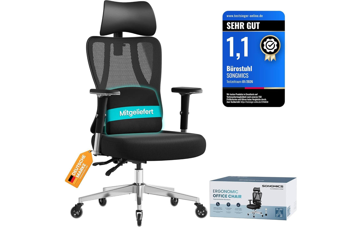 Songmics Bürostuhl – Polsterrücken – Schwarz, Armlehnen, bis 150 kg