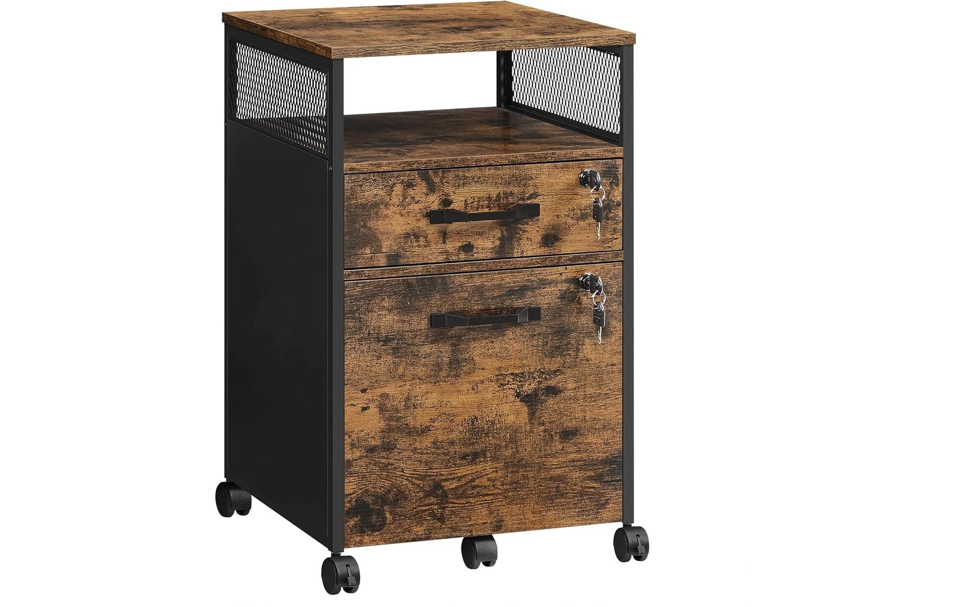 Vasagle Rollcontainer, 2 Schubladen, abschliessbar, 440 × 420 × 690 mm, Braun, Stahl