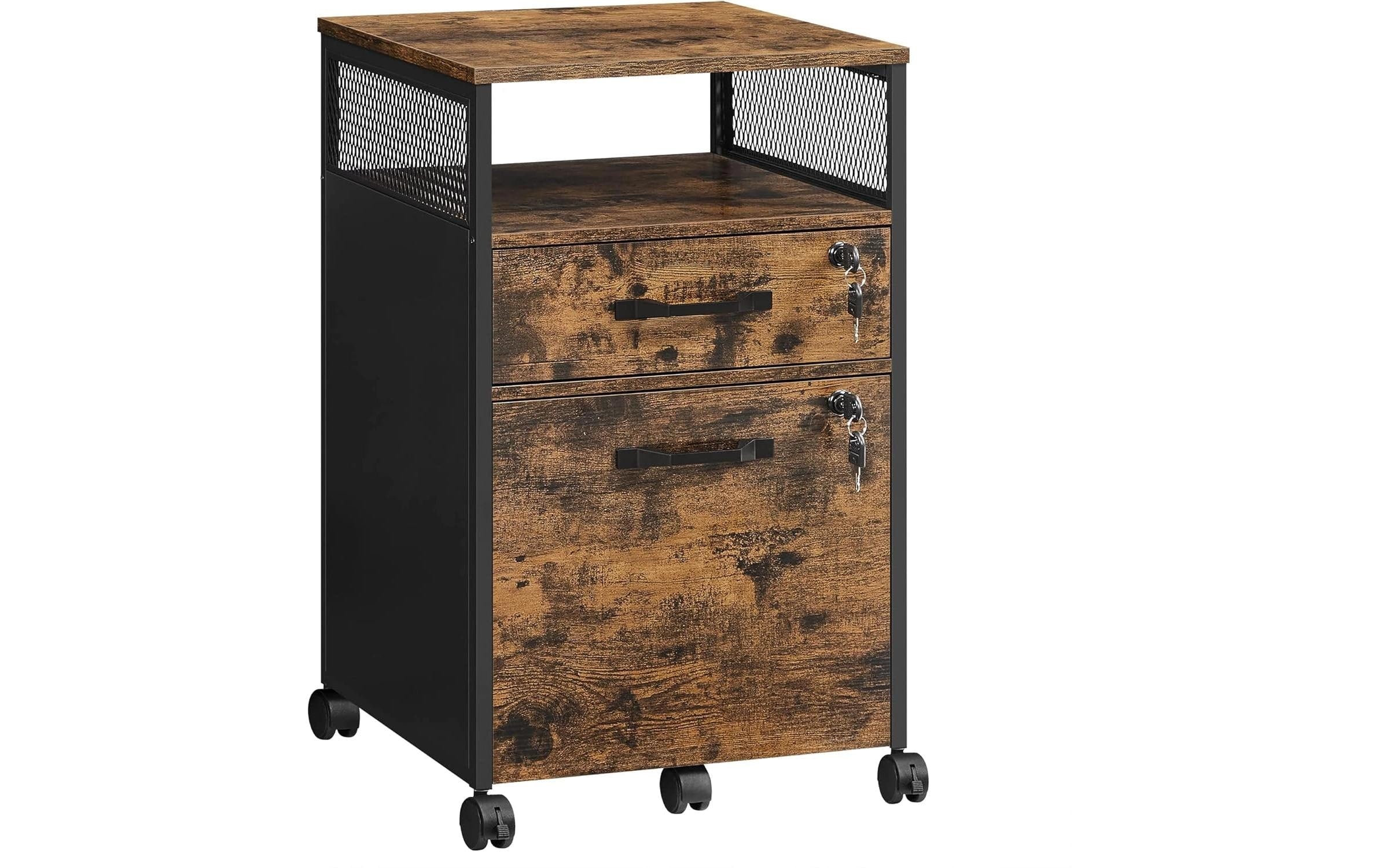 Vasagle Rollcontainer, 2 Schubladen, abschliessbar, 440 × 420 × 690 mm, Braun, Stahl