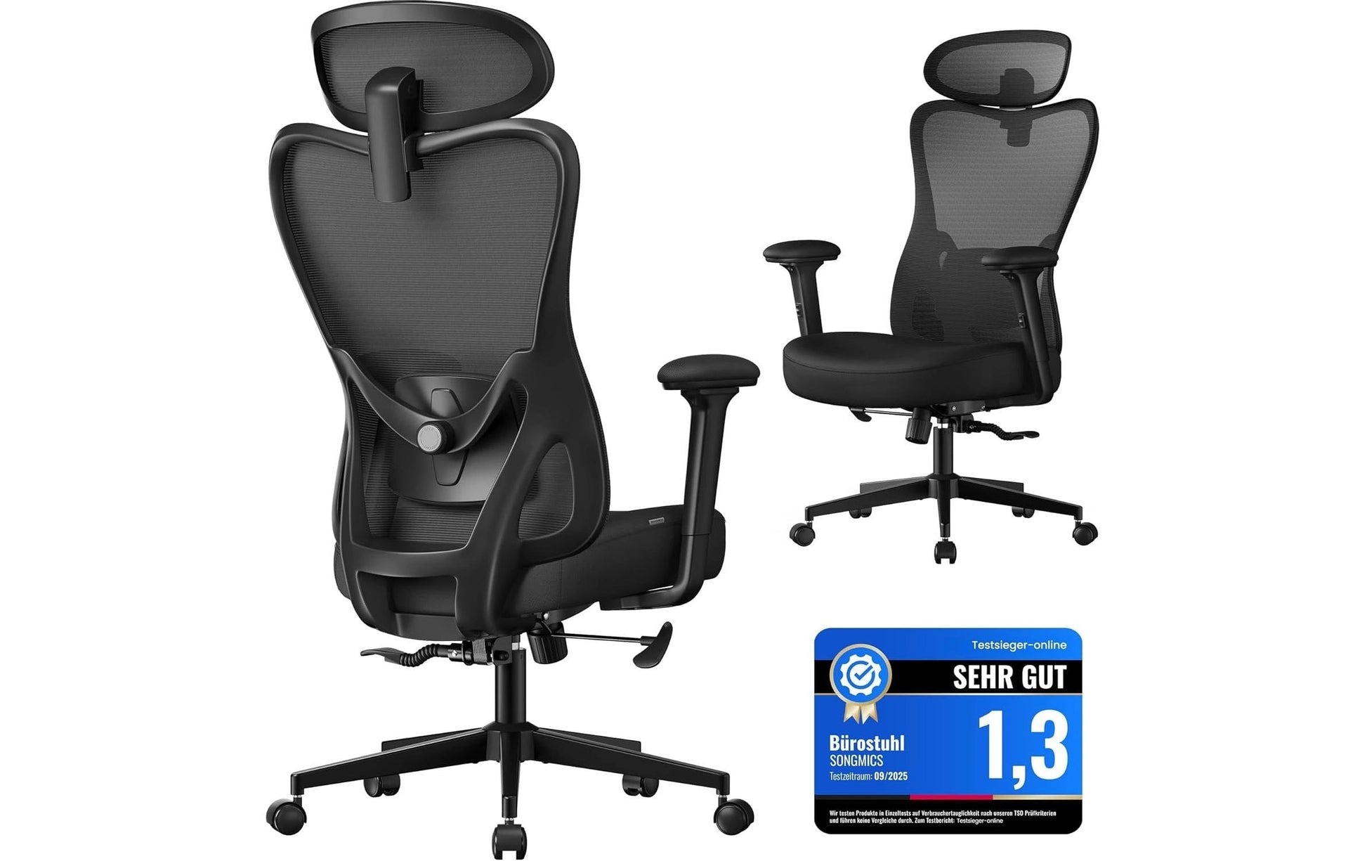 Songmics Bürostuhl – Netzrücken, Polyester – Schwarz, mit Armlehnen, 46–56 cm, bis 150 kg