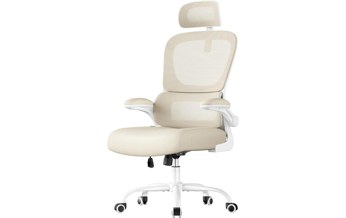 Songmics Bürostuhl – Netzrücken – Beige, mit Armlehnen, bis 120 kg