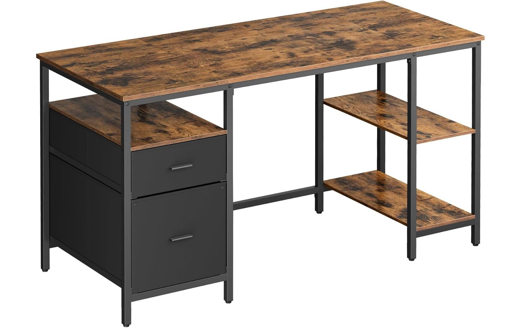 Vasagle Höhenverstellbarer Tisch, 140 × 60 cm, 50 kg, Schwarz/Braun, Spanplatte/Stahl, 2 Schubladen