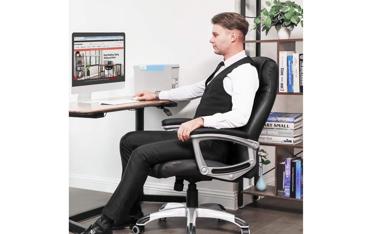 Songmics Bürostuhl – Kunstleder / Polsterrücken – Schwarz, Armlehnen, bis 150 kg