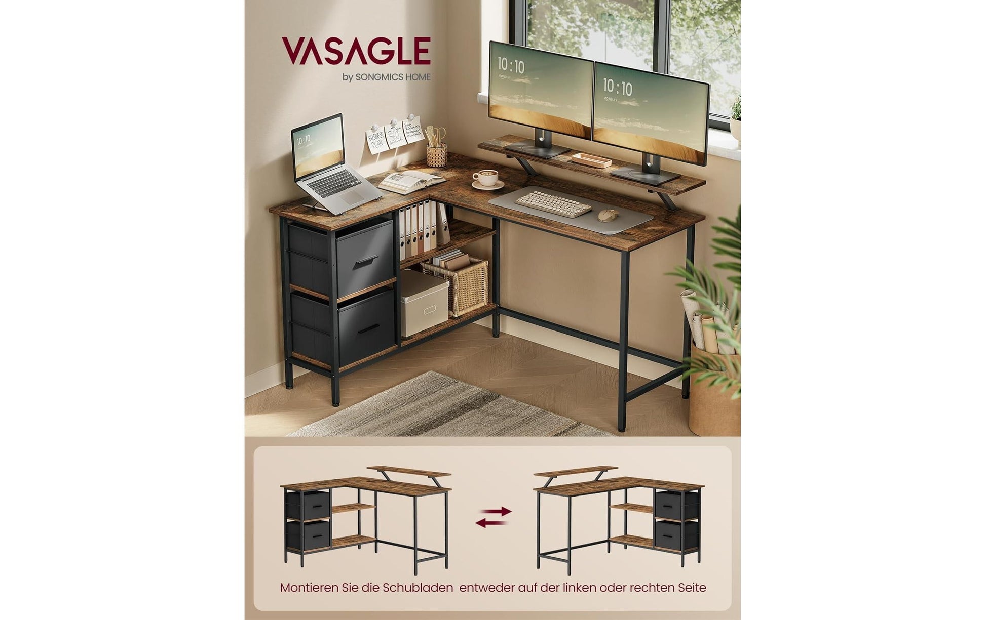 Vasagle Höhenverstellbarer Tisch, 135 × 105 cm, 50 kg, Braun, Spanplatte/Stahl, Schublade