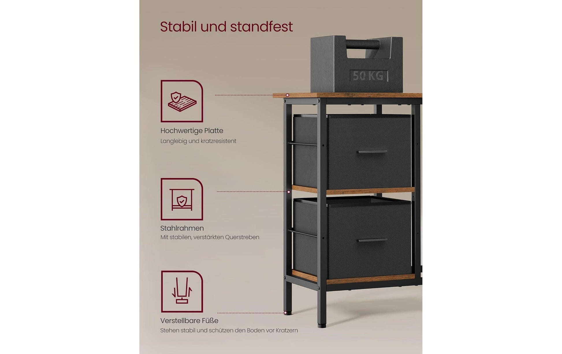 Vasagle Höhenverstellbarer Tisch, 105 × 115 cm, 50 kg, Braun, Spanplatte/Stahl